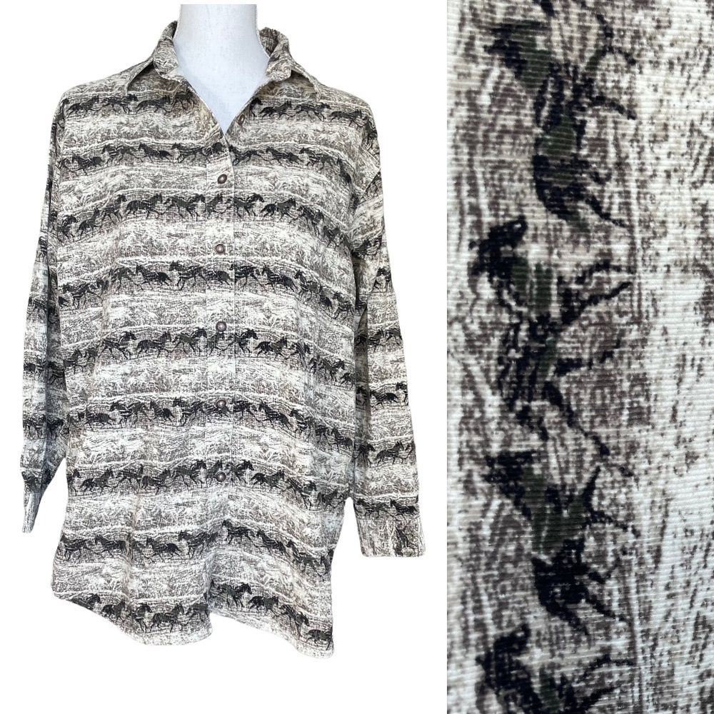 Horse Corduroy Shirt M RedHead Collared Button-up Blouse Equestrian